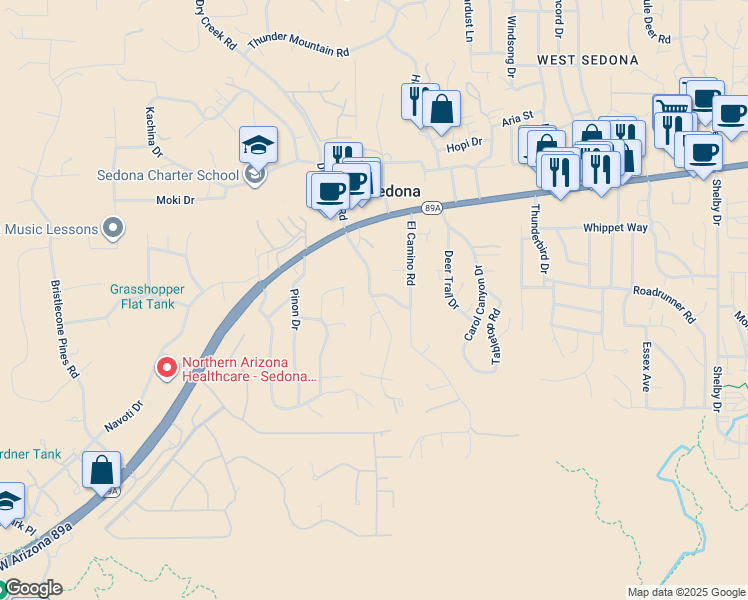 map of restaurants, bars, coffee shops, grocery stores, and more near 205 Arroyo Pinon Drive in Sedona