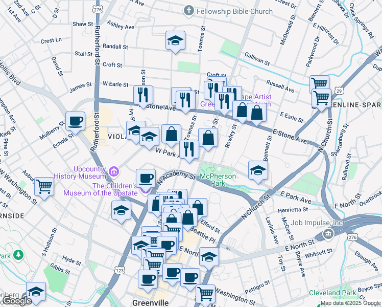 map of restaurants, bars, coffee shops, grocery stores, and more near 12 West Park Avenue in Greenville
