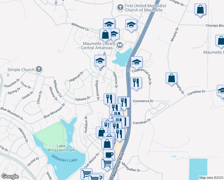 map of restaurants, bars, coffee shops, grocery stores, and more near 200 Millwood Circle in Maumelle
