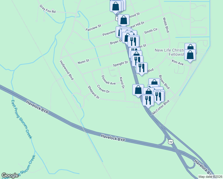 map of restaurants, bars, coffee shops, grocery stores, and more near 115 Craven Drive in Havelock