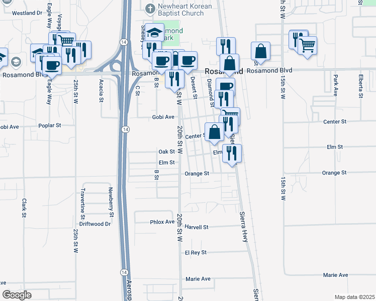 map of restaurants, bars, coffee shops, grocery stores, and more near 2630 Dixie Street in Rosamond