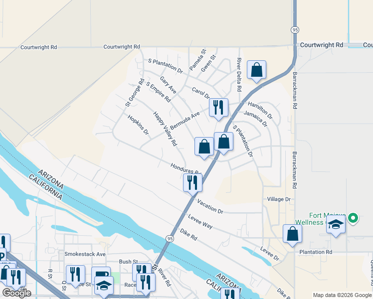 map of restaurants, bars, coffee shops, grocery stores, and more near 10236 Happy Valley Road in Mohave Valley