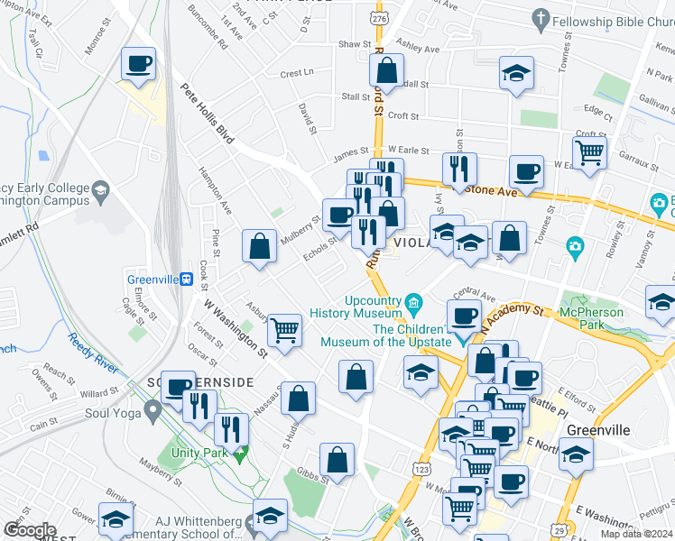 map of restaurants, bars, coffee shops, grocery stores, and more near 13 Winn Street in Greenville