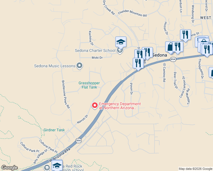 map of restaurants, bars, coffee shops, grocery stores, and more near Navoti Drive in Sedona