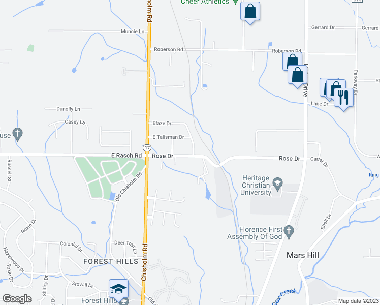 map of restaurants, bars, coffee shops, grocery stores, and more near 201 Rose Drive in Florence