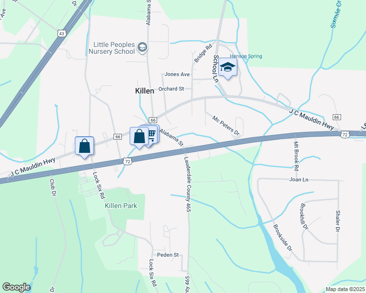 map of restaurants, bars, coffee shops, grocery stores, and more near 134 Alabama Street in Killen