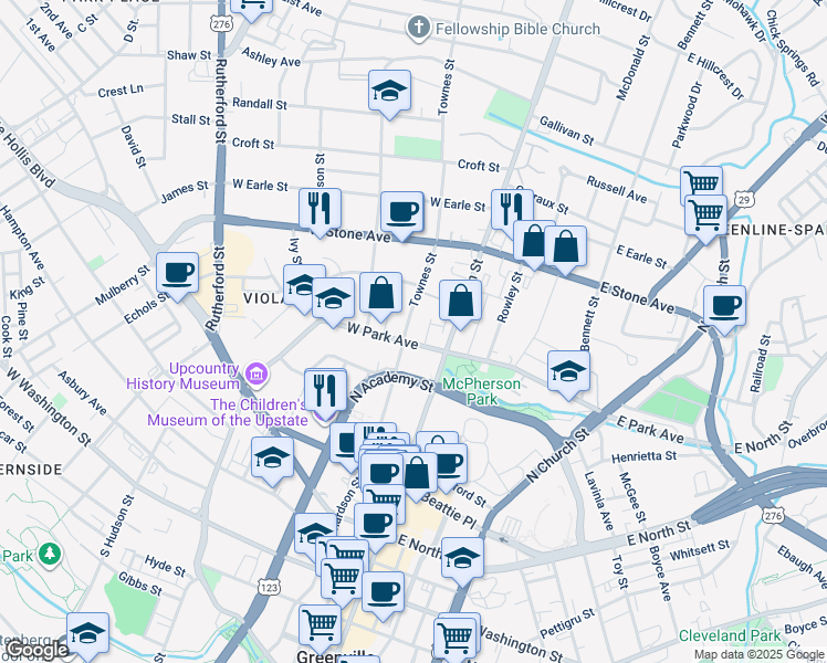 map of restaurants, bars, coffee shops, grocery stores, and more near 12 West Park Avenue in Greenville