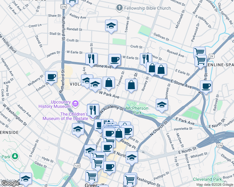 map of restaurants, bars, coffee shops, grocery stores, and more near 12 West Park Avenue in Greenville