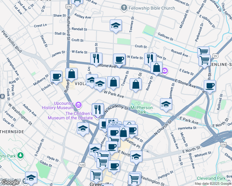 map of restaurants, bars, coffee shops, grocery stores, and more near 107 West Park Avenue in Greenville