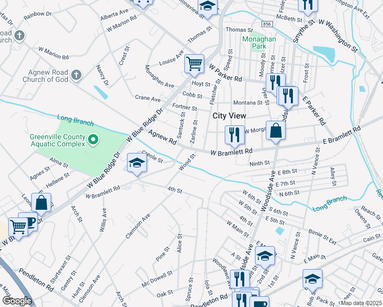 map of restaurants, bars, coffee shops, grocery stores, and more near 1305 West Bramlett Road in Greenville