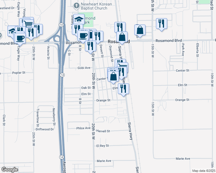 map of restaurants, bars, coffee shops, grocery stores, and more near 2608 Desert Street in Rosamond