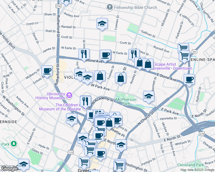map of restaurants, bars, coffee shops, grocery stores, and more near 12 West Park Avenue in Greenville