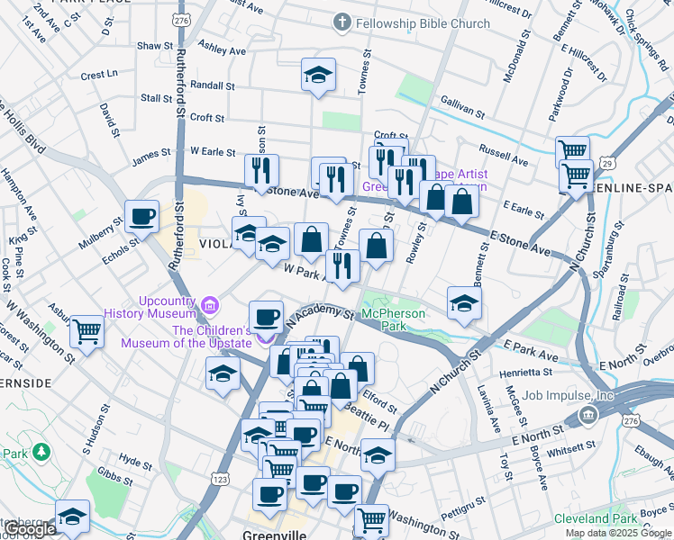 map of restaurants, bars, coffee shops, grocery stores, and more near 408 Townes Street in Greenville