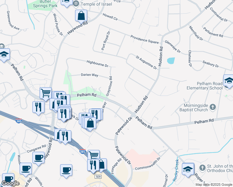 map of restaurants, bars, coffee shops, grocery stores, and more near 9 Battery Park in Greenville