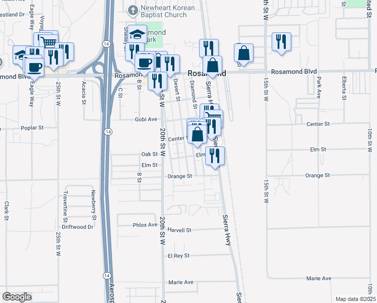 map of restaurants, bars, coffee shops, grocery stores, and more near 2608 Desert Street in Rosamond