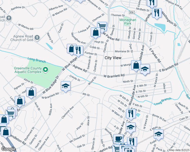 map of restaurants, bars, coffee shops, grocery stores, and more near 1305 West Bramlett Road in Greenville