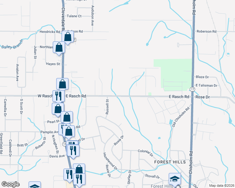 map of restaurants, bars, coffee shops, grocery stores, and more near 329 East Rasch Road in Florence