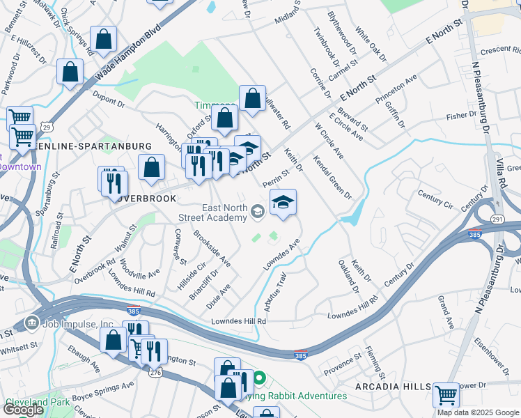 map of restaurants, bars, coffee shops, grocery stores, and more near 1720 East North Street in Greenville