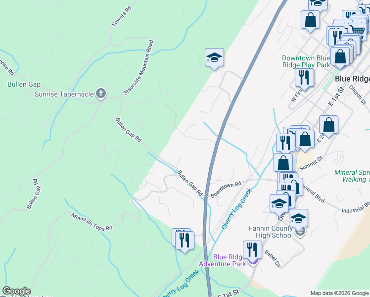 map of restaurants, bars, coffee shops, grocery stores, and more near 208 Bullen Gap Road in Blue Ridge