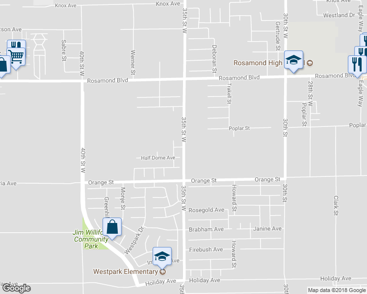 map of restaurants, bars, coffee shops, grocery stores, and more near 35th Street West in Rosamond