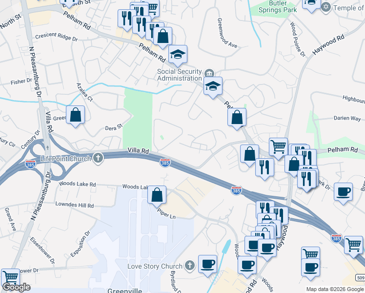 map of restaurants, bars, coffee shops, grocery stores, and more near 101 Rivoli Lane in Greenville