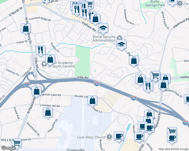 map of restaurants, bars, coffee shops, grocery stores, and more near 67 Villa Road in Greenville