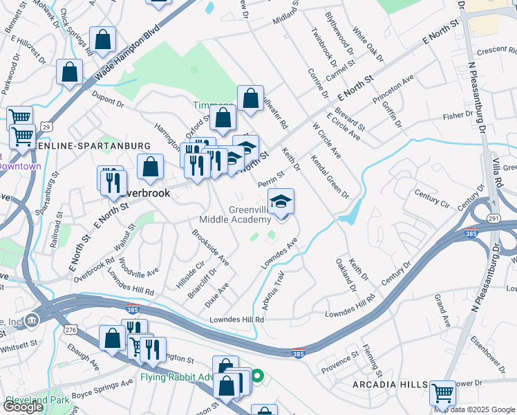 map of restaurants, bars, coffee shops, grocery stores, and more near 1720 East North Street in Greenville
