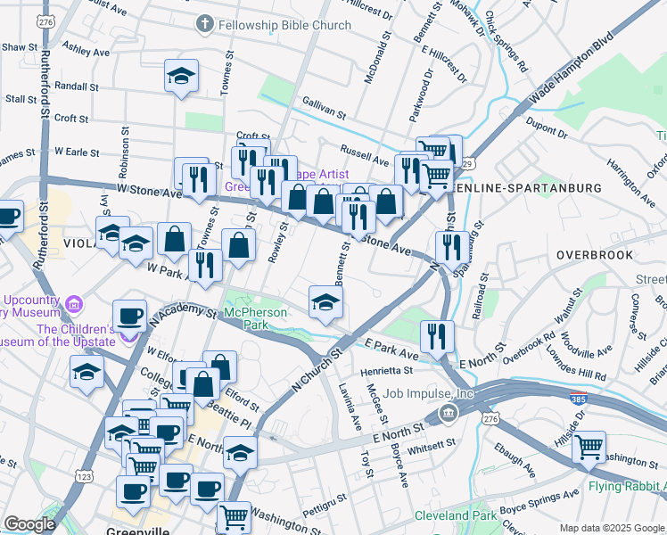 map of restaurants, bars, coffee shops, grocery stores, and more near 103 Bennett Street in Greenville
