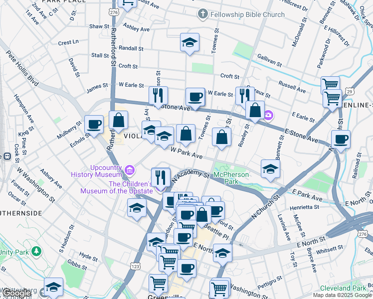 map of restaurants, bars, coffee shops, grocery stores, and more near 107 West Park Avenue in Greenville