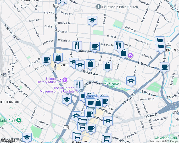 map of restaurants, bars, coffee shops, grocery stores, and more near 107 West Park Avenue in Greenville