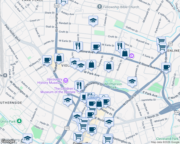 map of restaurants, bars, coffee shops, grocery stores, and more near 107 West Park Avenue in Greenville