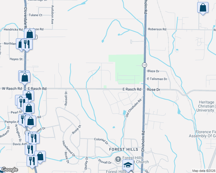 map of restaurants, bars, coffee shops, grocery stores, and more near 528 East Rasch Road in Florence