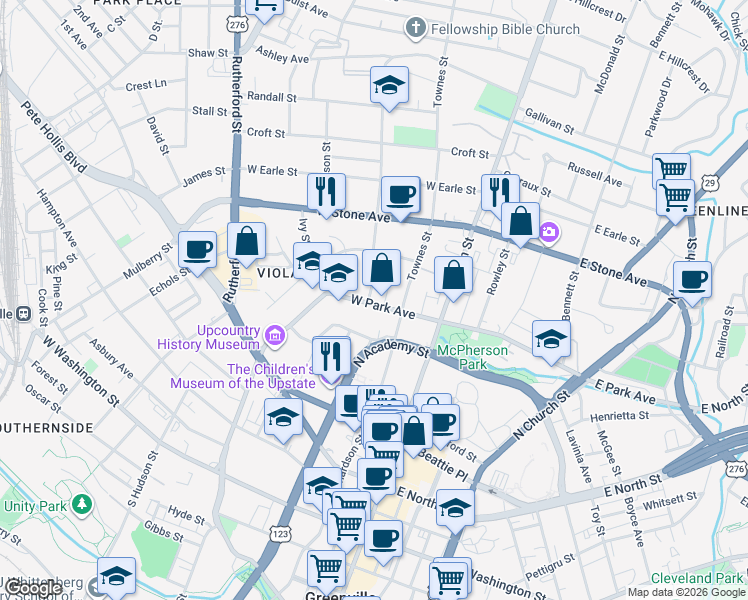 map of restaurants, bars, coffee shops, grocery stores, and more near 107 West Park Avenue in Greenville