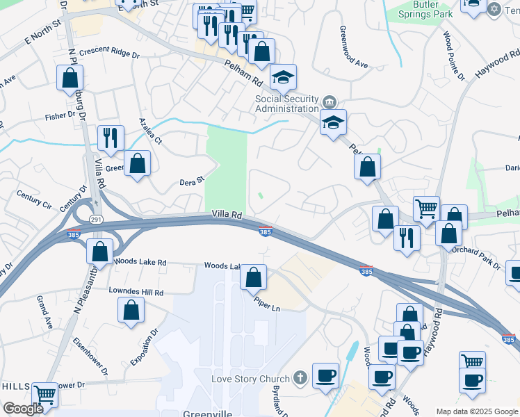 map of restaurants, bars, coffee shops, grocery stores, and more near 67 Villa Road in Greenville