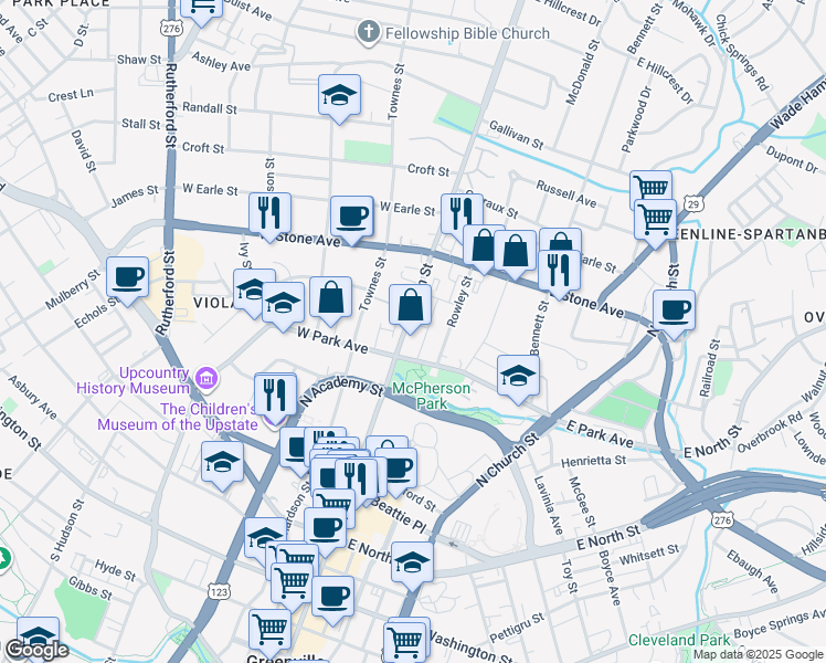 map of restaurants, bars, coffee shops, grocery stores, and more near 604C North Main Street in Greenville