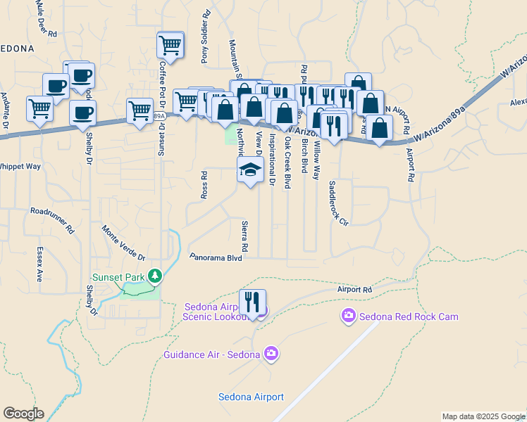 map of restaurants, bars, coffee shops, grocery stores, and more near 325 Inspirational Drive in Sedona