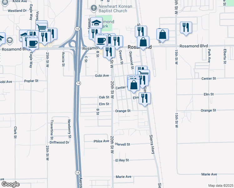 map of restaurants, bars, coffee shops, grocery stores, and more near 2000 Oak Street in Rosamond