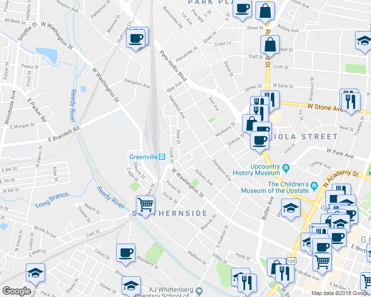 map of restaurants, bars, coffee shops, grocery stores, and more near 108 Mulberry Street in Greenville