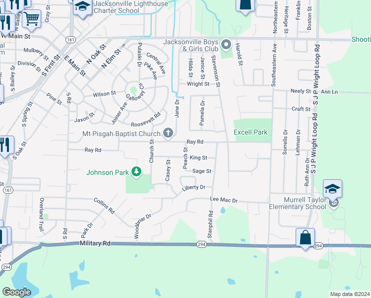 map of restaurants, bars, coffee shops, grocery stores, and more near 912 Peach Street in Jacksonville