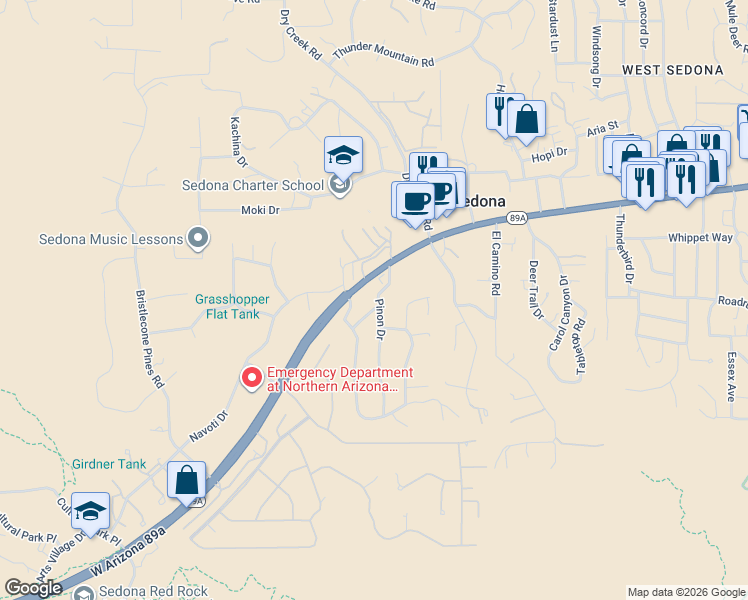 map of restaurants, bars, coffee shops, grocery stores, and more near 80 Pinon Drive in Sedona