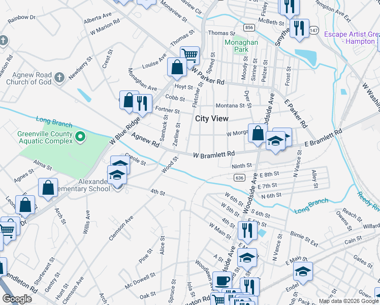 map of restaurants, bars, coffee shops, grocery stores, and more near 1206 West Bramlett Road in Greenville