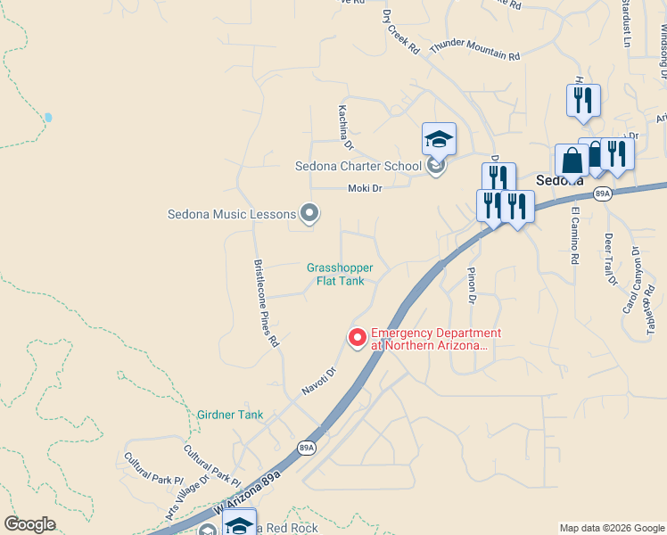 map of restaurants, bars, coffee shops, grocery stores, and more near 70 Ruby Drive in Sedona