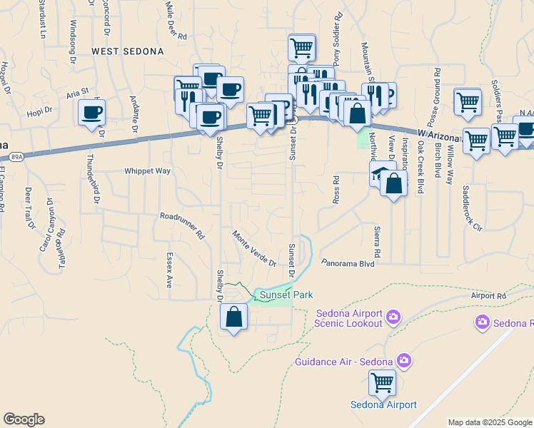 map of restaurants, bars, coffee shops, grocery stores, and more near 125 Camino Del Sol in Sedona