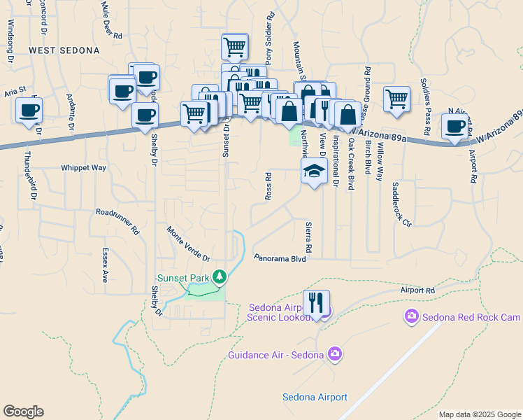 map of restaurants, bars, coffee shops, grocery stores, and more near 410 Northview Road in Sedona