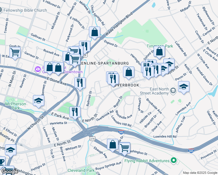 map of restaurants, bars, coffee shops, grocery stores, and more near 1438 East North Street in Greenville