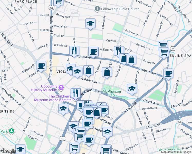 map of restaurants, bars, coffee shops, grocery stores, and more near 12 West Park Avenue in Greenville