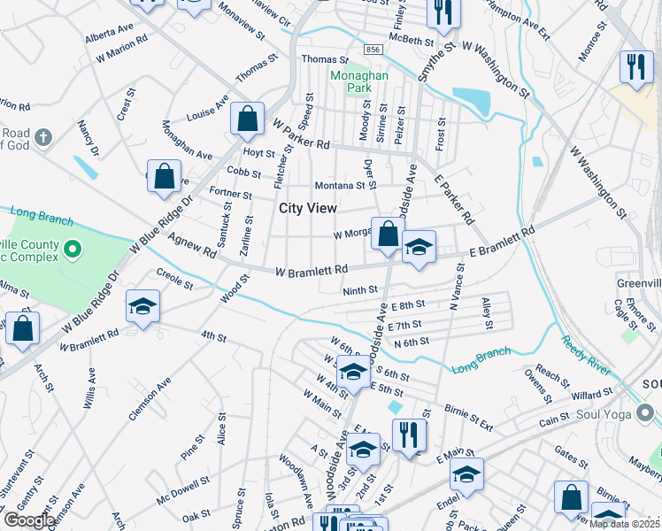 map of restaurants, bars, coffee shops, grocery stores, and more near 1005 West Bramlett Road in Greenville