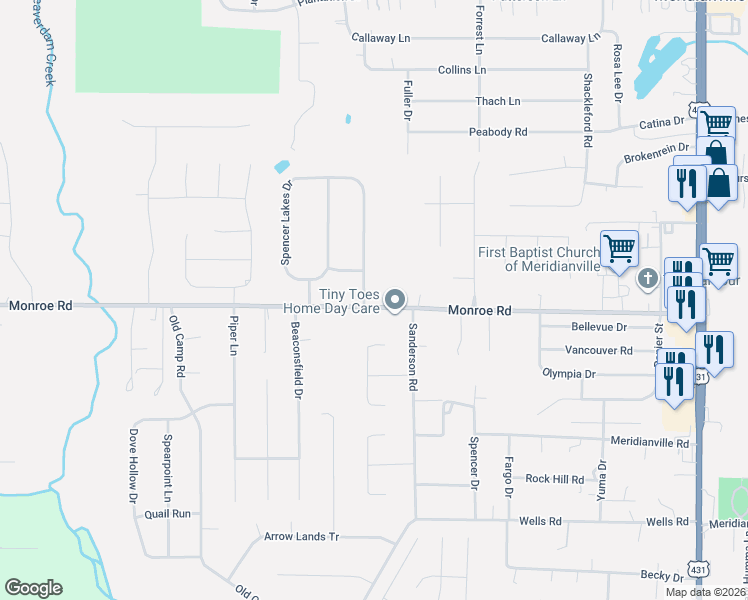 map of restaurants, bars, coffee shops, grocery stores, and more near 454 Monroe Road in Meridianville