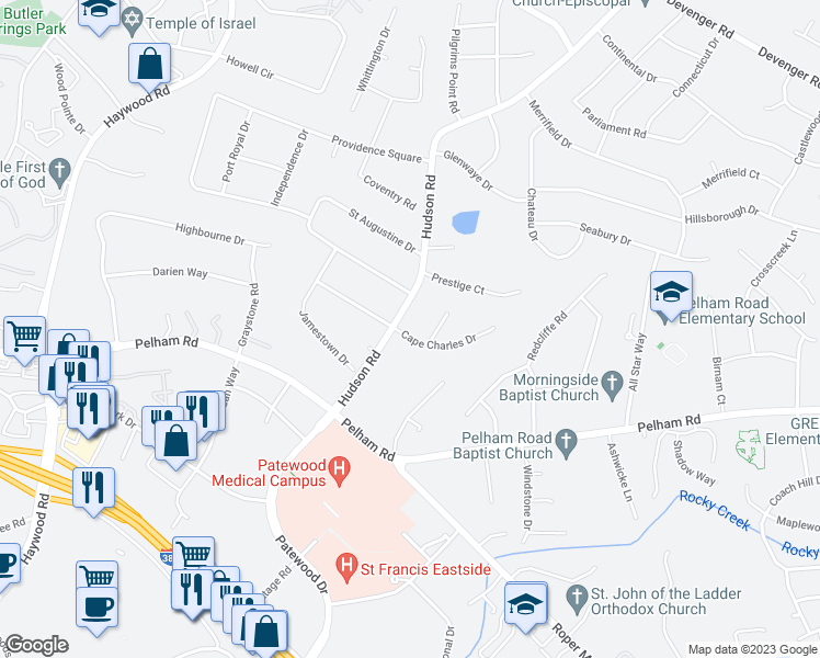 map of restaurants, bars, coffee shops, grocery stores, and more near 101 Cape Charles Drive in Greenville