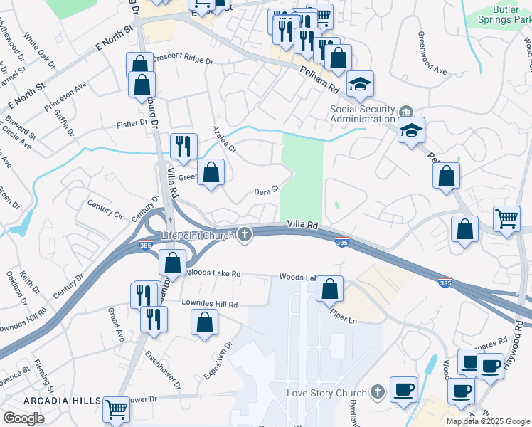 map of restaurants, bars, coffee shops, grocery stores, and more near 55 Villa Road in Greenville